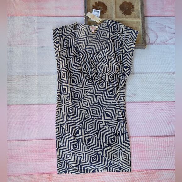 NWT Anthro Plenty Tracy Reese Linen Surplice Sack Dress M Geometric Print - Picture 1 of 8